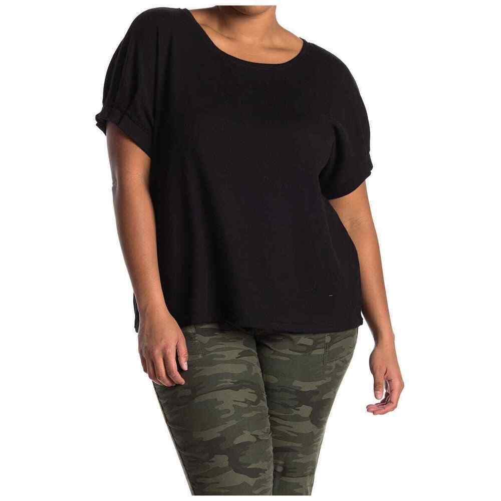FOR THE REPUBLIC Women's Sweater Short Sleeve Brushed Soft Top Navy Size 1X